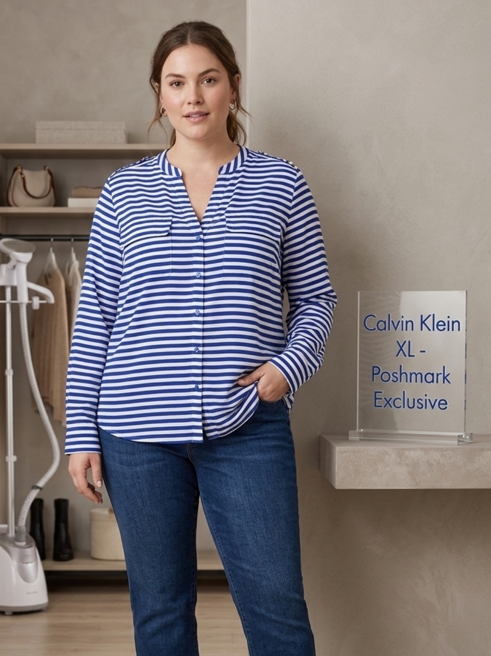 Calvin Klein Blue & White Stripe Women Blouse. Long Sleeve. VNeck Size XL